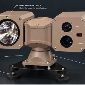 Labelled diagram of the LMRG Feral Pro 1280-50 LLR: thermal camera, laser rangefinder, daylight camera, LED searchlight with the green pointer laser above it, pan and tilt base, magnetic feet and one cable to the cab.