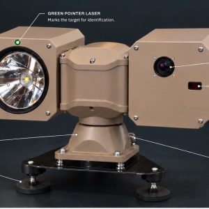 Labelled diagram of the LMRG Feral Pro 640-35 LLR: thermal camera, laser rangefinder, LED searchlight with the green pointer laser above it, pan and tilt base, magnetic feet and one cable to the cab.
