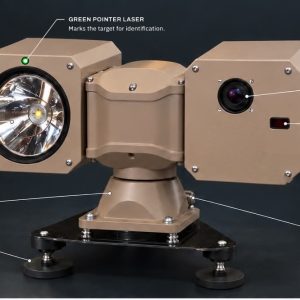 Labelled diagram of the LMRG Feral Pro 640-50 LLR: thermal camera, laser rangefinder, LED searchlight with the green pointer laser above it, pan and tilt base, magnetic feet and one cable to the cab.
